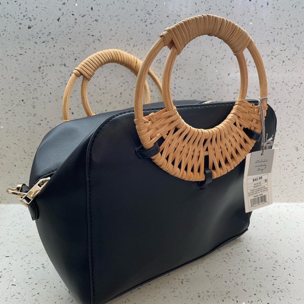 A New Day Satchel Handbag black with circle wicker handle and strap